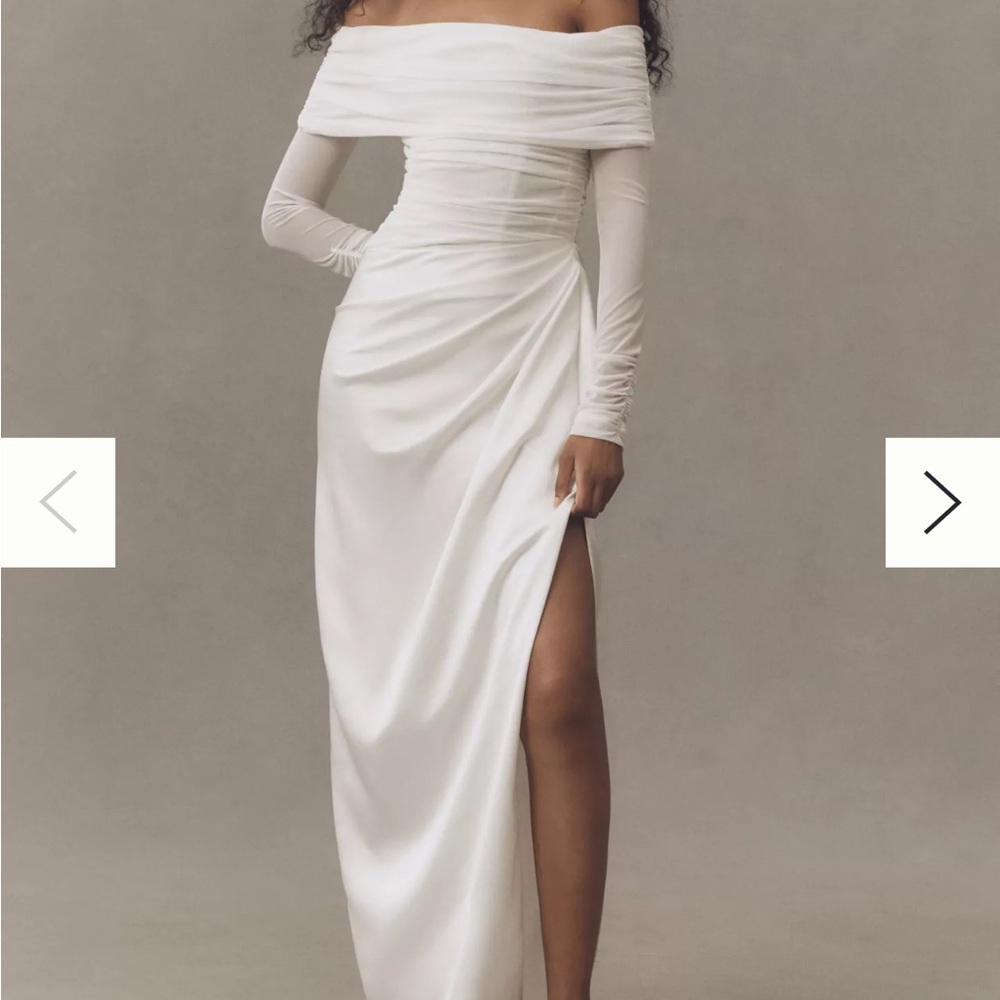 BHLDN Off-Shoulder Mixed Mesh & Satin Wrap Maxi Dress